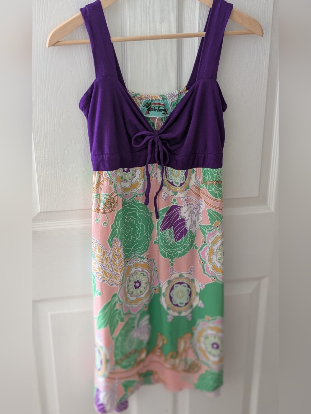 Rainbow Jo Purple Empire Waist Floral Mini Sundress Y2K Beach Wear